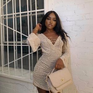 I.AM.GIA Dress Amina Cutout Adjustable Ruching Sheer Velvet Tan Burn Out XL NWT